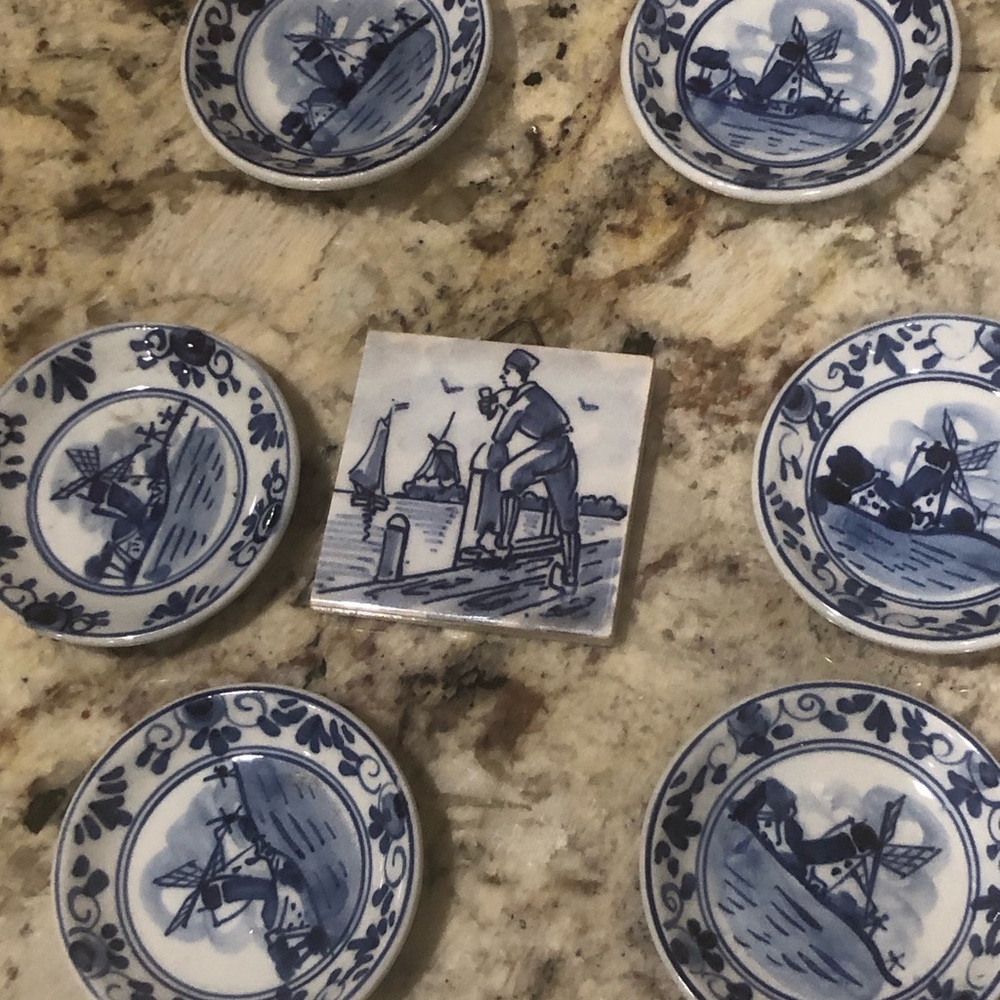 Blue and White  6 Delft Trinket Dishes and One Square Hanging Tile